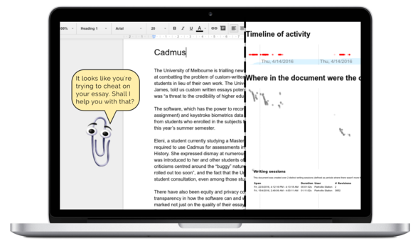 Satirical mockup of Cadmus, featuring Microsoft Office paperclip saying 'It looks like you're trying to cheat on your essay'